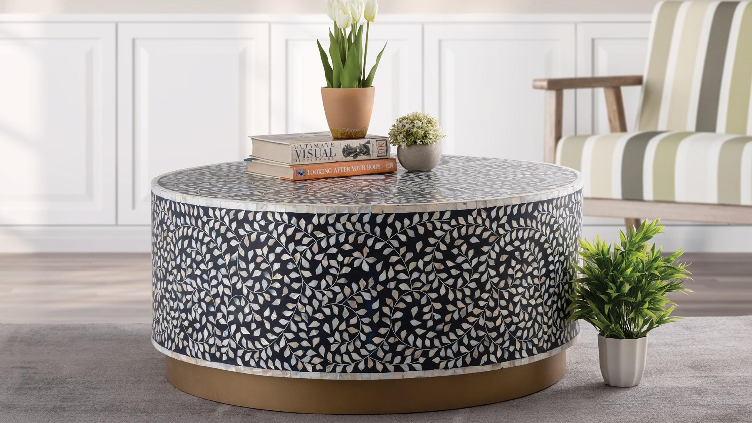 

    
Mother of Pearl Handmade Coffee Table In Navy LUXE Galaxy Home Modern

