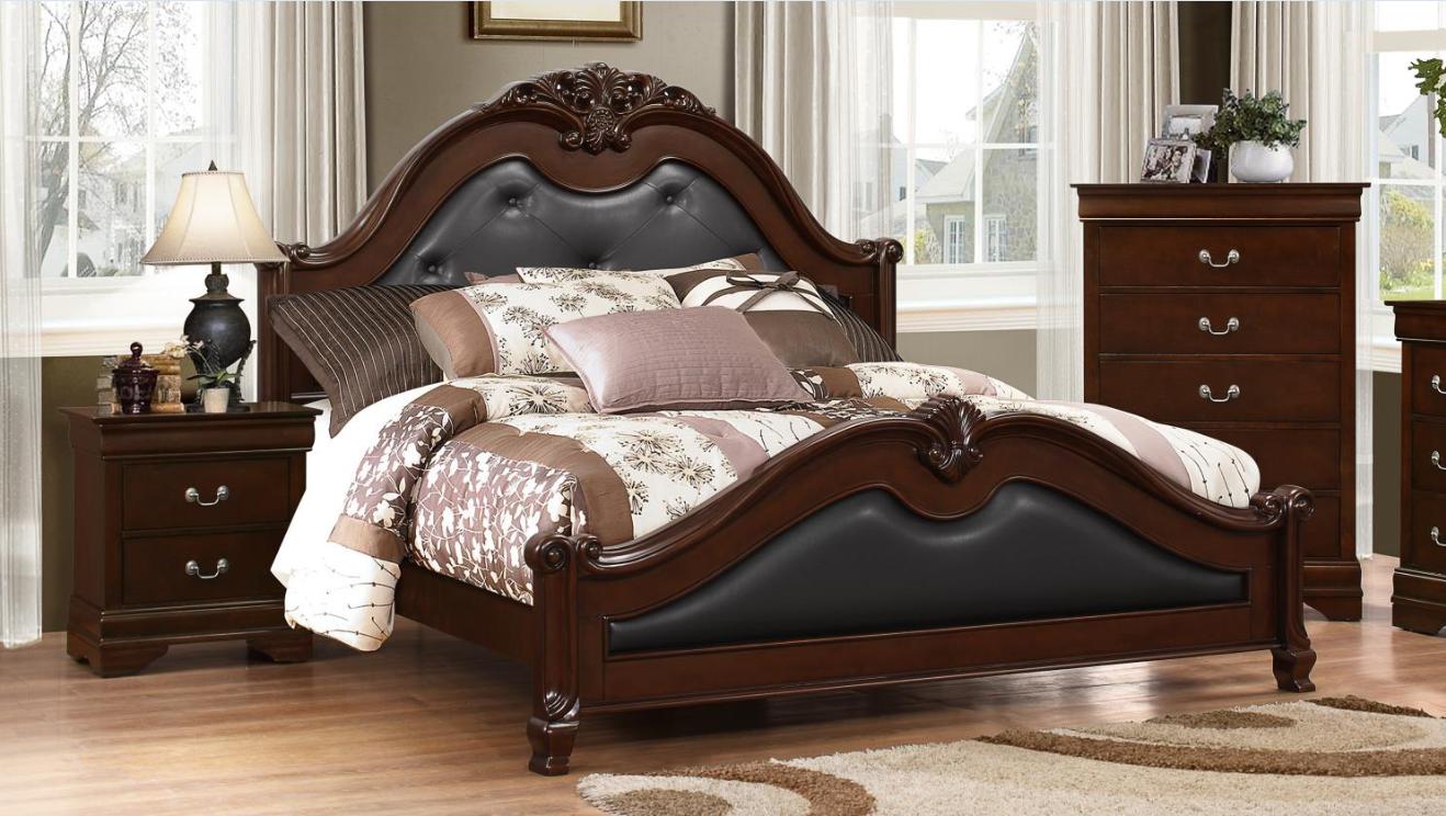 Classic, Traditional Panel Bed Cambridge CA410Q in Dark Brown Faux Leather