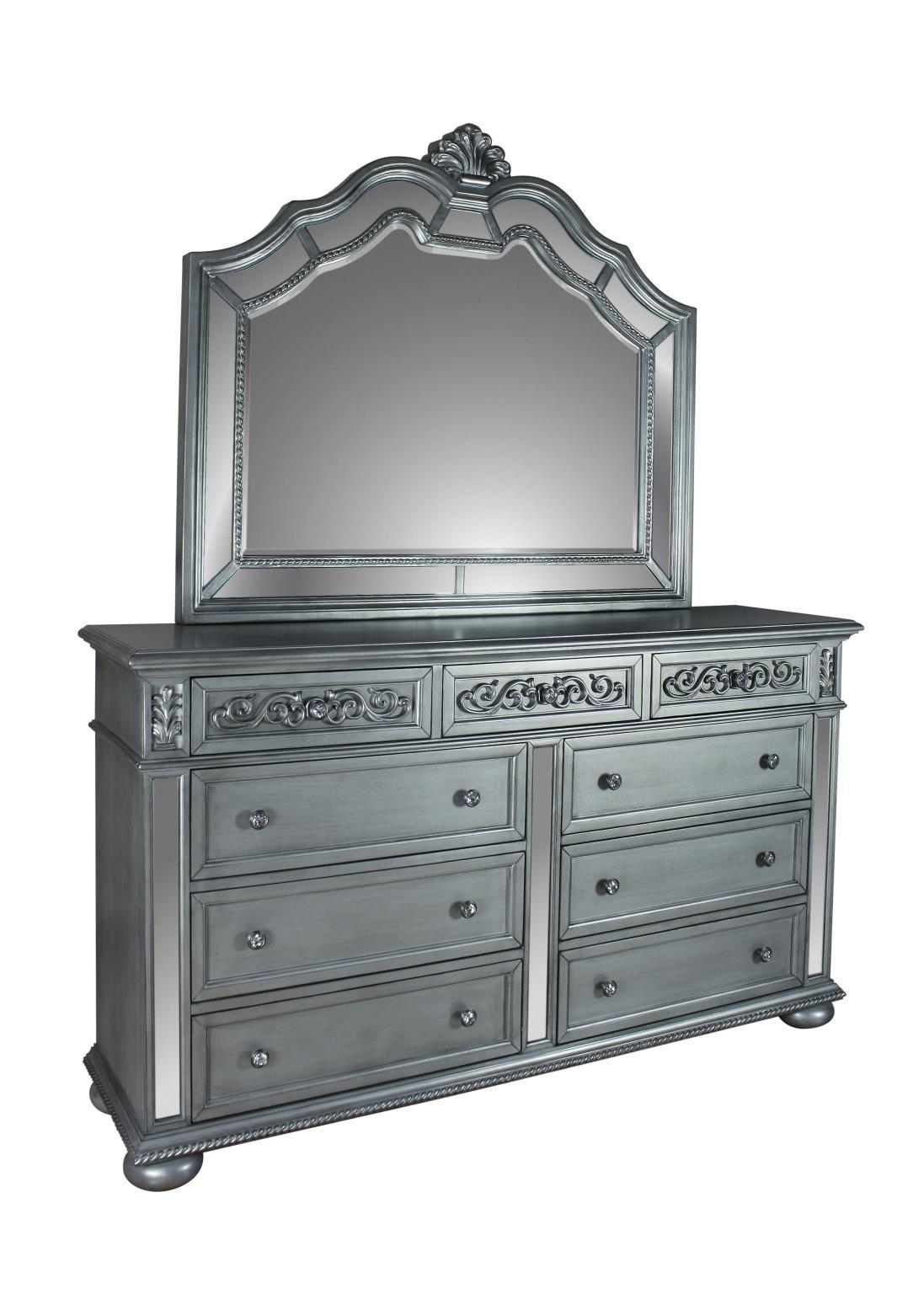 

    
MYCO Furniture KE170-DR Kealynn Antique White Silver 9 Drawers Dresser w/Mirror Set 2Pcs
