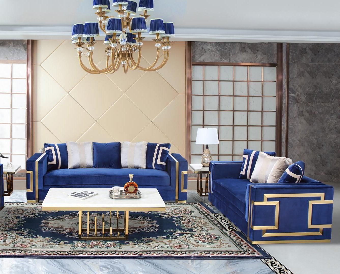 Transitional Sofa and Loveseat Set Lawrence Lawrence-Set-2 in Gold, Blue Fabric