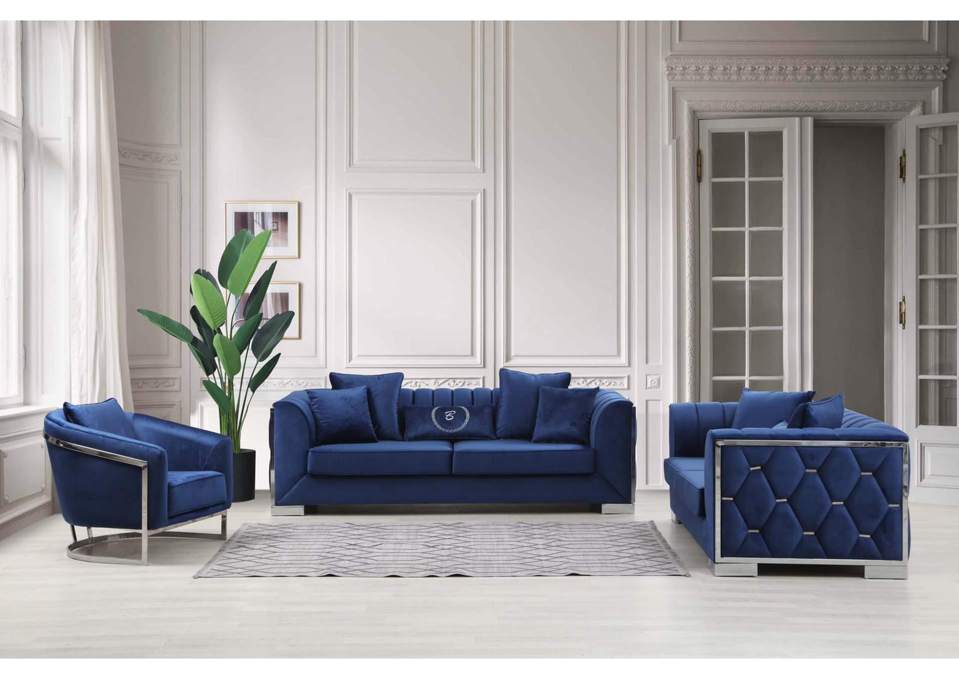 Contemporary Sofa Loveseat and Chair Set Milano MLNO-N-S-Set-3 in Navy Velvet