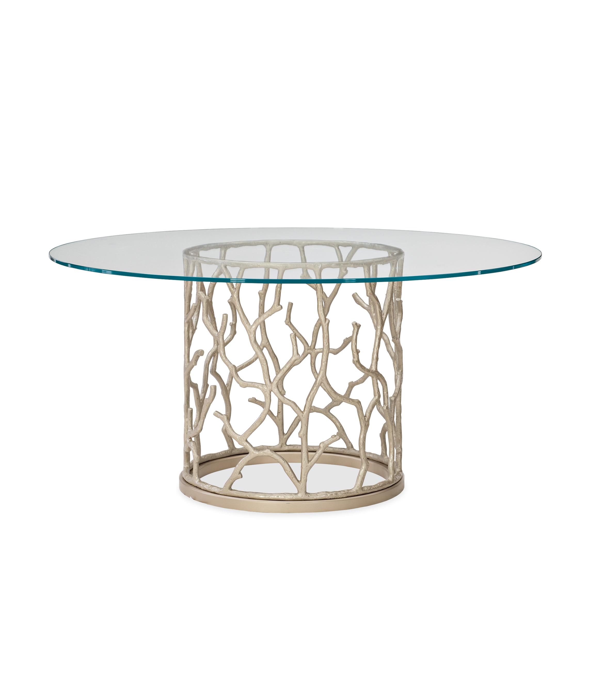 

    
Round 60" Dining Table Metallic Base & Tempered Glass Top AROUND THE REEF by Caracole
