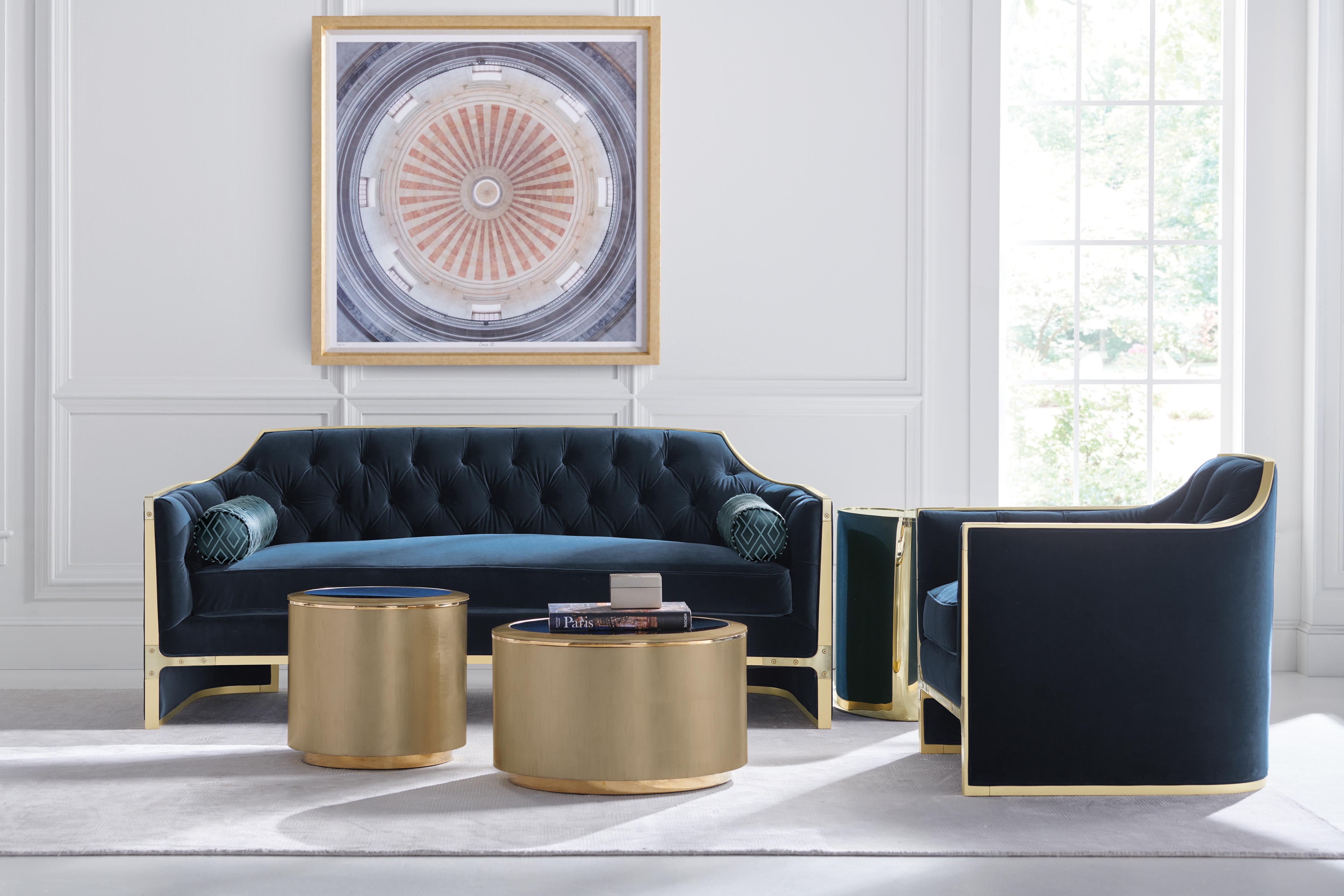 Contemporary Sofa Chair and Coffee Table The Cat's Meow UPH-SOFWOO-23B-Set-4 in Dark Blue Velvet