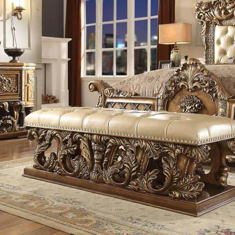 

    
Antique Gold & Brown Tufted Bench Carved Wood Traditional Homey Design HD-8018
