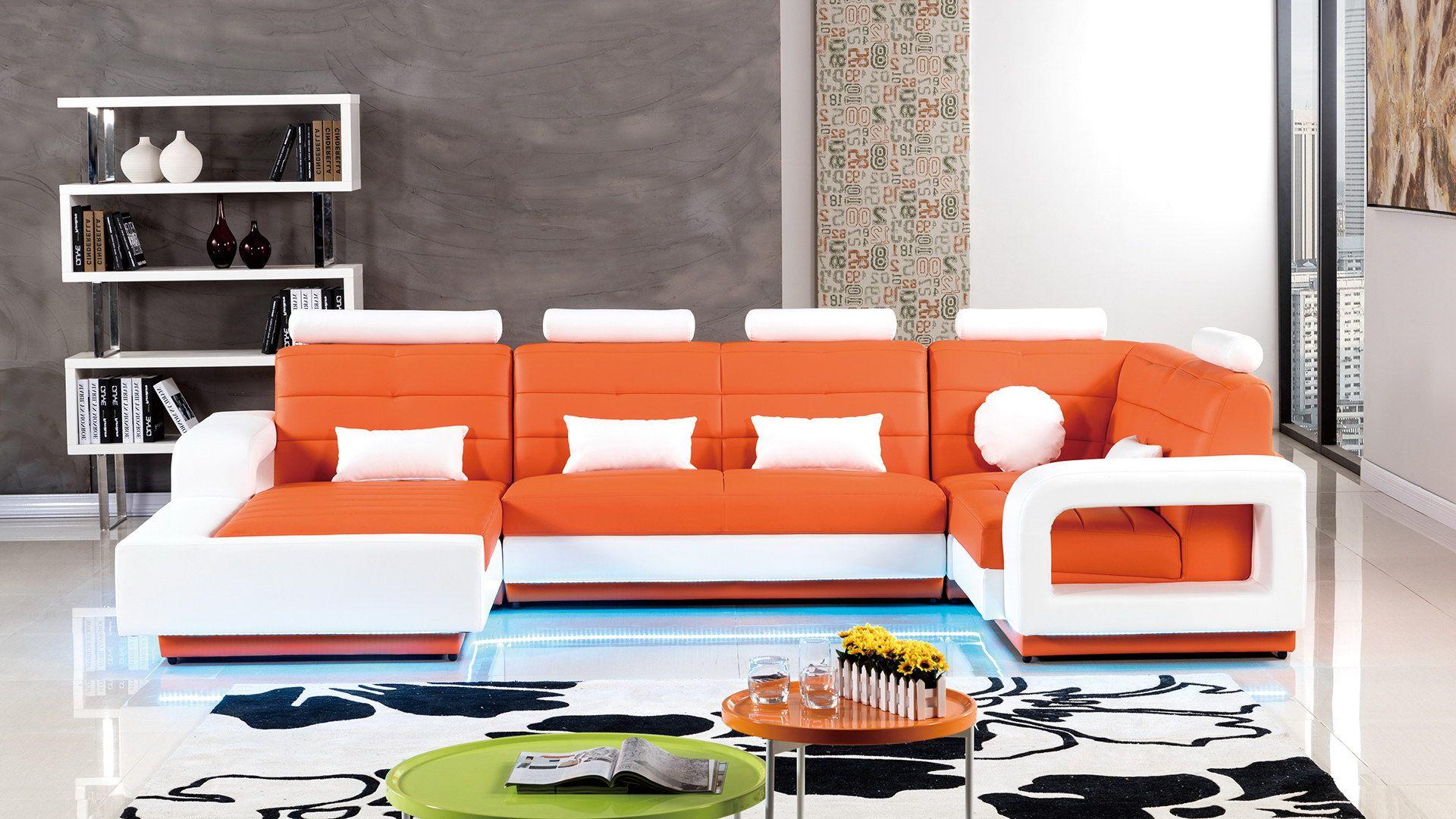 Contemporary, Modern Sectional Sofa AE-LD800-ORG.W AE-LD800L-ORG.W in White, Orange Bonded Leather