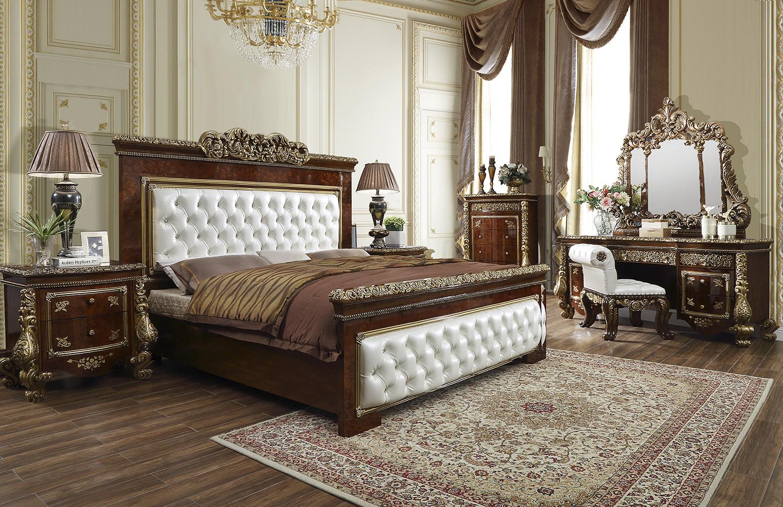 Traditional Panel Bedroom Set HD-1803 HD-EK1803-5PC-BEDROOM-SET in Gold, Brown Leather