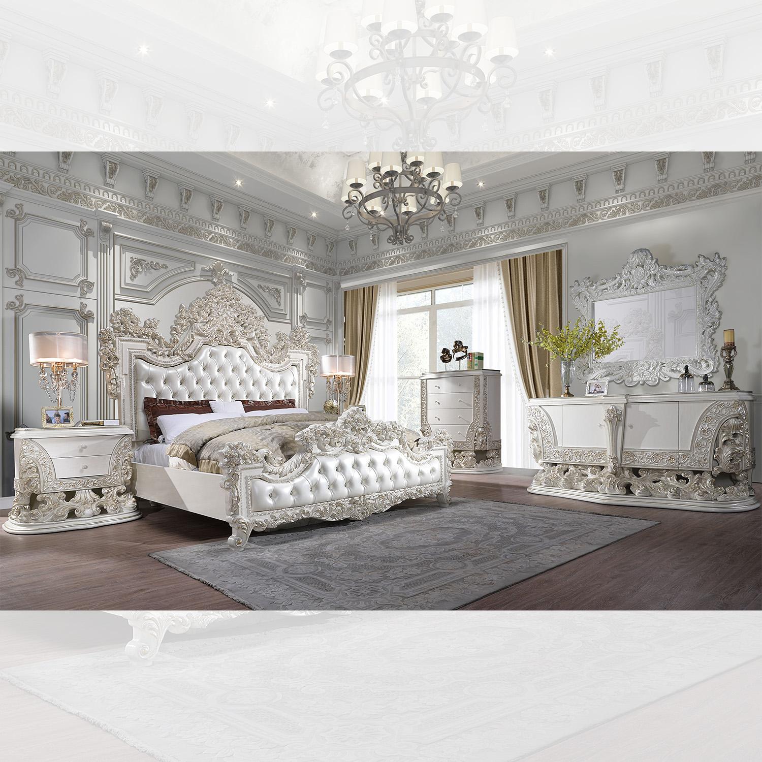 Traditional Sleigh Bedroom Set HD-1813 HD-EK1813SET in White Faux Leather