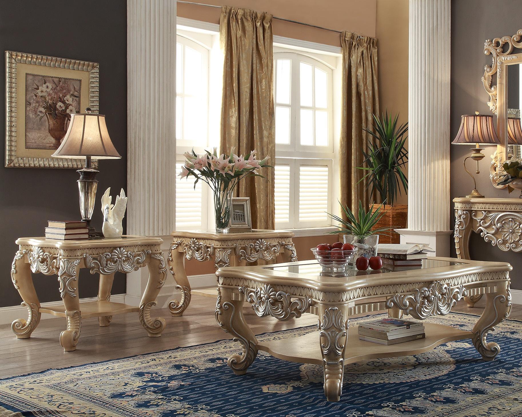 Traditional Coffee Table Set HD-7266-CTSET3 HD-7266-CTSET3 in Light Beige, Silver 