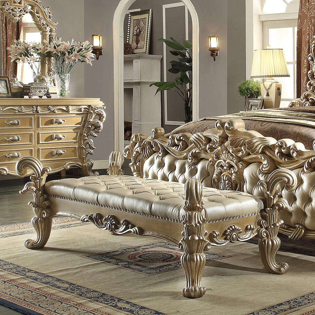 Traditional Benches HD-7012 HD-7012 BENCH in Antique Silver, Antique, Gold Leather