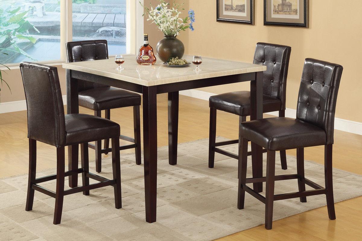 

    
Poundex F2338 & F1144  Marble Top Table With Brown Vinyl Stools Counter Dining Set 5Pcs
