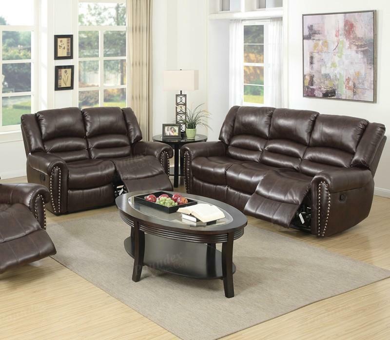 

    
Reclining Living Room Set 2 pcs in Brown Bonded Leather Modern Poundex F6754
