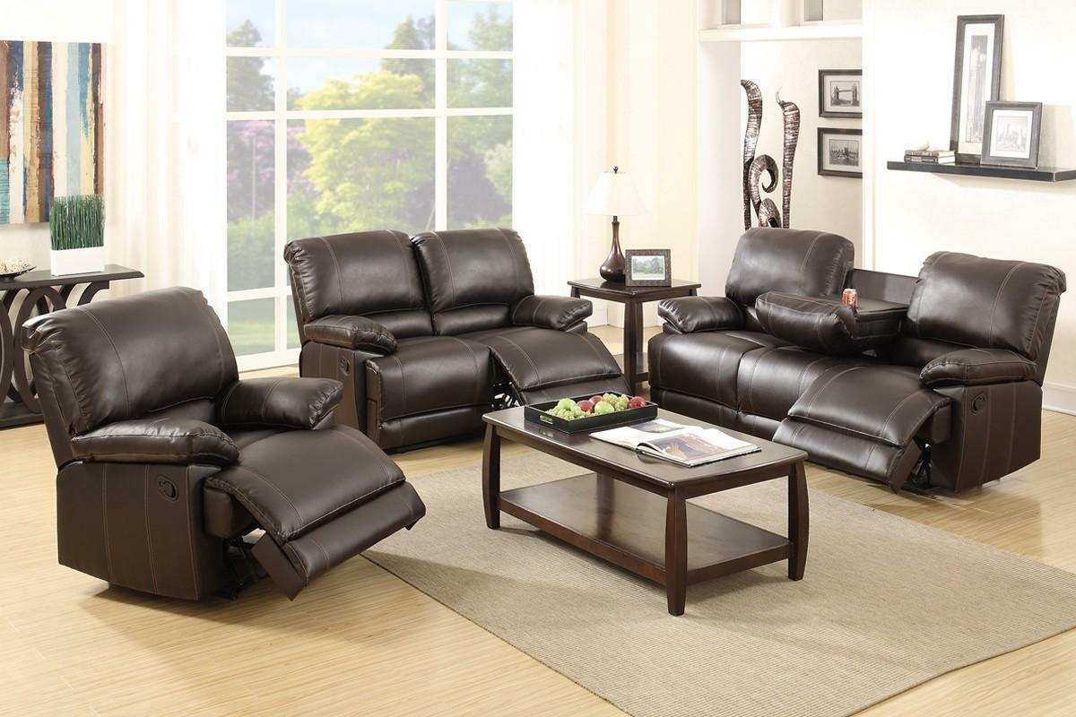 

    
Reclining Living Room Set 3 pcs in Espresso Bonded Leather Modern Poundex F6772
