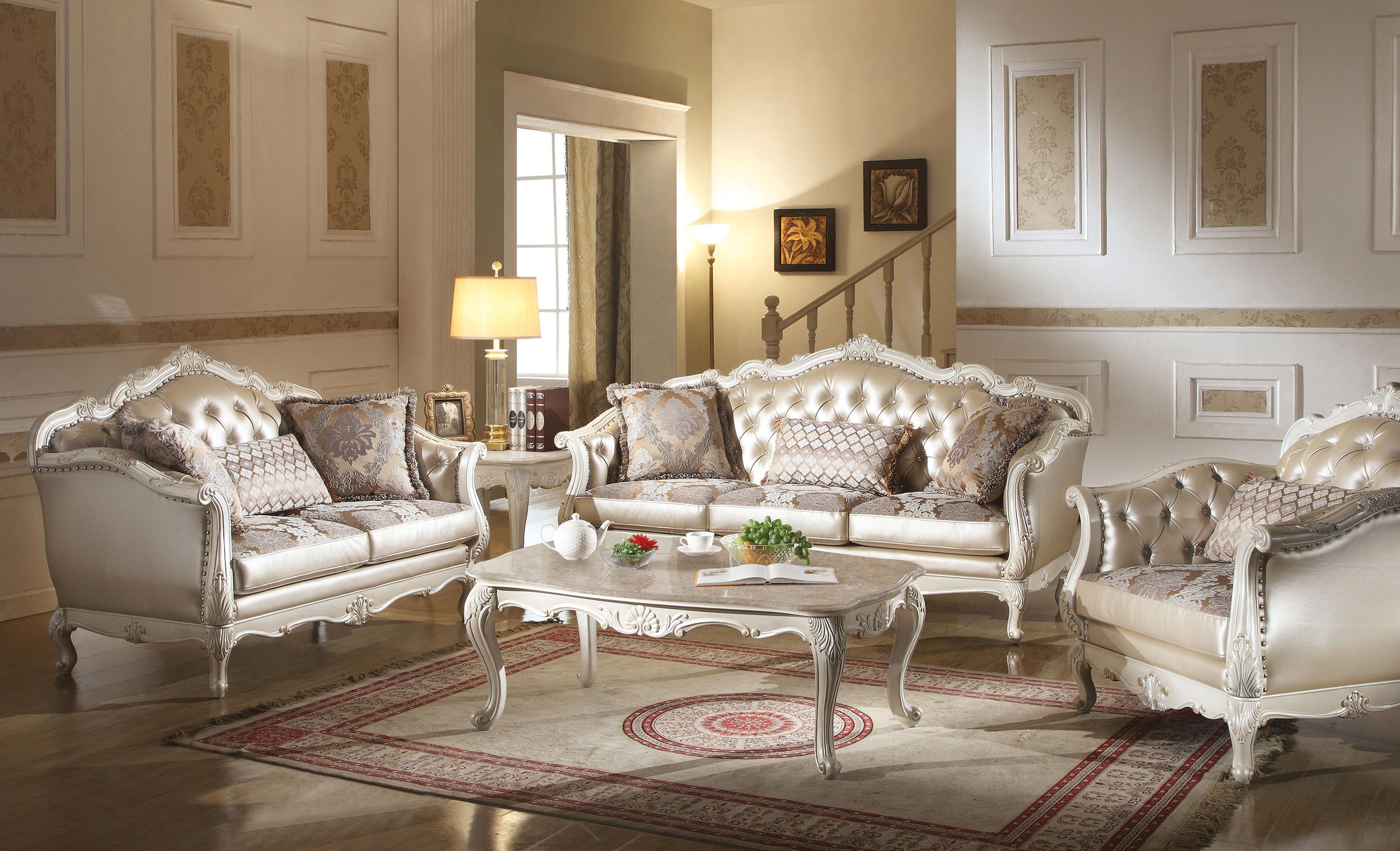 Classic, Traditional Sofa Love Chair Chantelle 53540 53540 Chantelle-Set-3 in Pearl White, Platinum Fabric