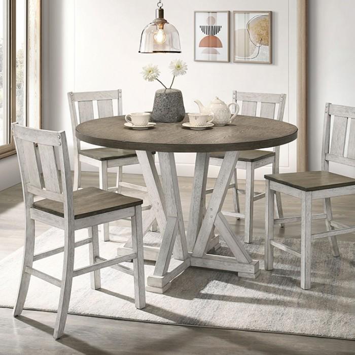 

    
Rustic Antique White/Ash Brown Solid Wood Counter Height Round Dining Table Furniture of America Dakota CM3289BR-RPT-48
