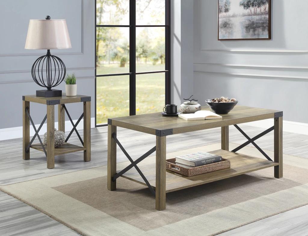 Rustic Coffee Table and 2 End Tables Abiram LV01001-3pcs in Brown Oak 