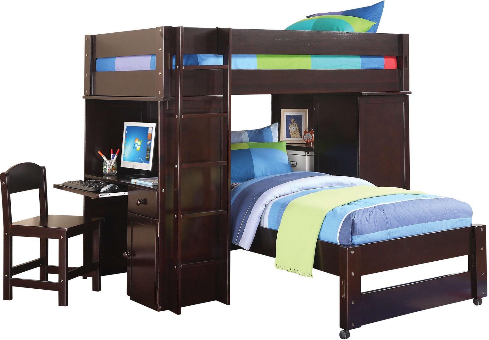 

    
Rustic Wenge Twin Loft Bed & Twin Bed & Wardrobe & Desk & Chair by Acme Lars 37495
