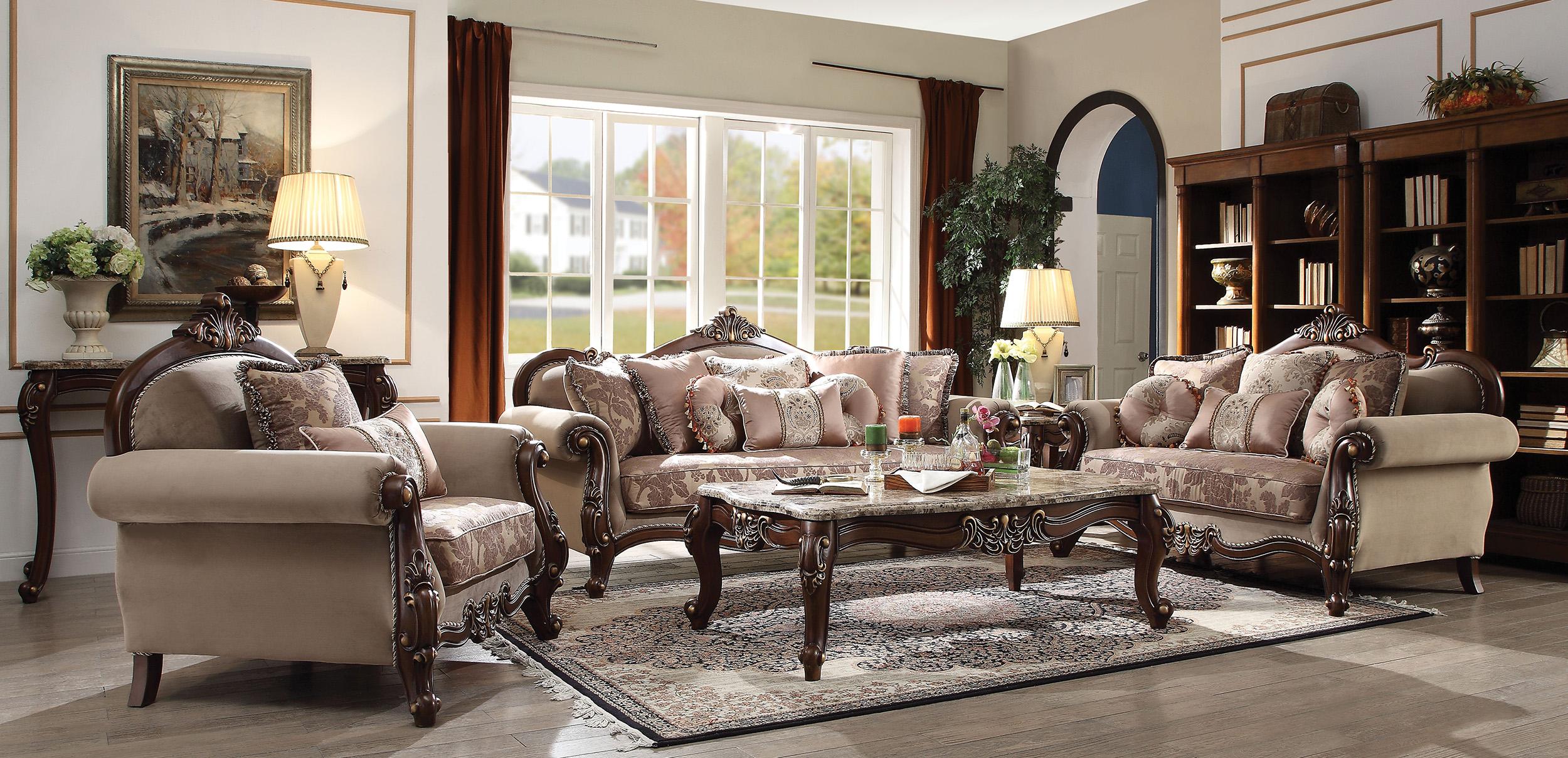 Classic, Traditional Sofa Set Mehadi 50690 50690-Set-4-Mehadi in Walnut, Tan, Beige Fabric