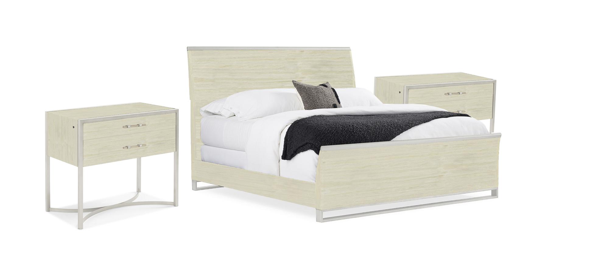 

    
Sea Pearl Finish & Metallic Silver Frame King Size Bed Set 3Pcs REMIX WOOD BED / REMIX LARGE NIGHTSTAND by Caracole
