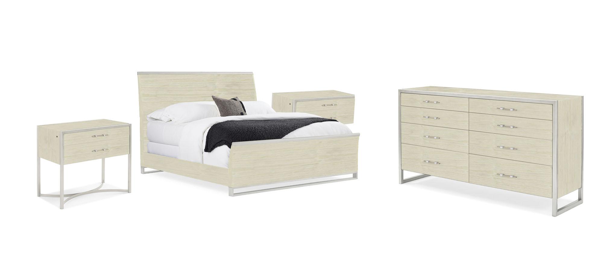 

    
Sea Pearl Finish & Metallic Silver Frame King Size Bed Set 4Pcs REMIX WOOD BED / REMIX LARGE NIGHTSTAND by Caracole
