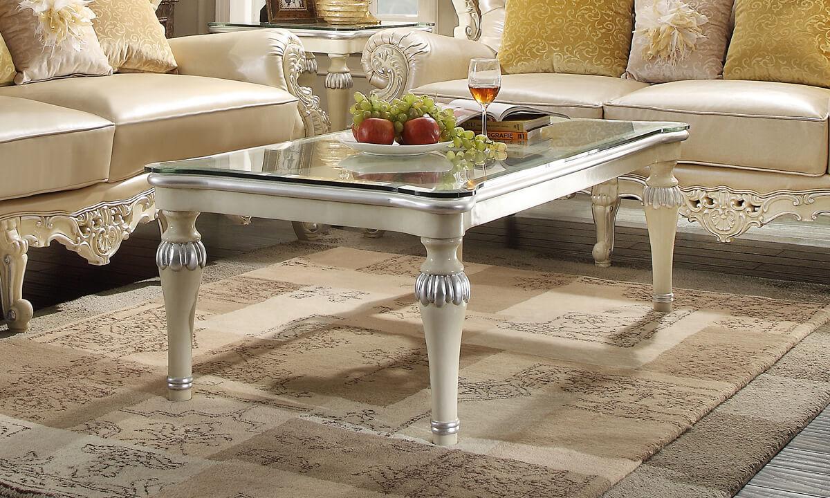 Traditional Coffee Table HD-13009 HD-CO13009 in Antique White Glass Top