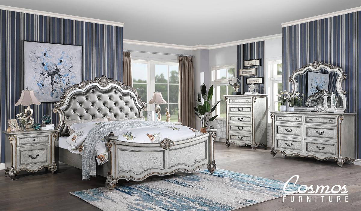 

        
850018103848Silver Finish Wood Queen Panel Bedroom Set 3Pcs Transitional Cosmos Furniture Melrose
