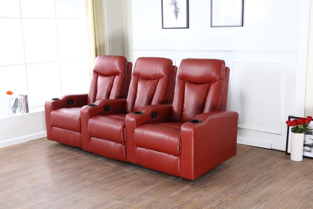 

    
Soflex Noor Red Bonded Leather Reclining Home Theater Seating Row of 3 Seats
