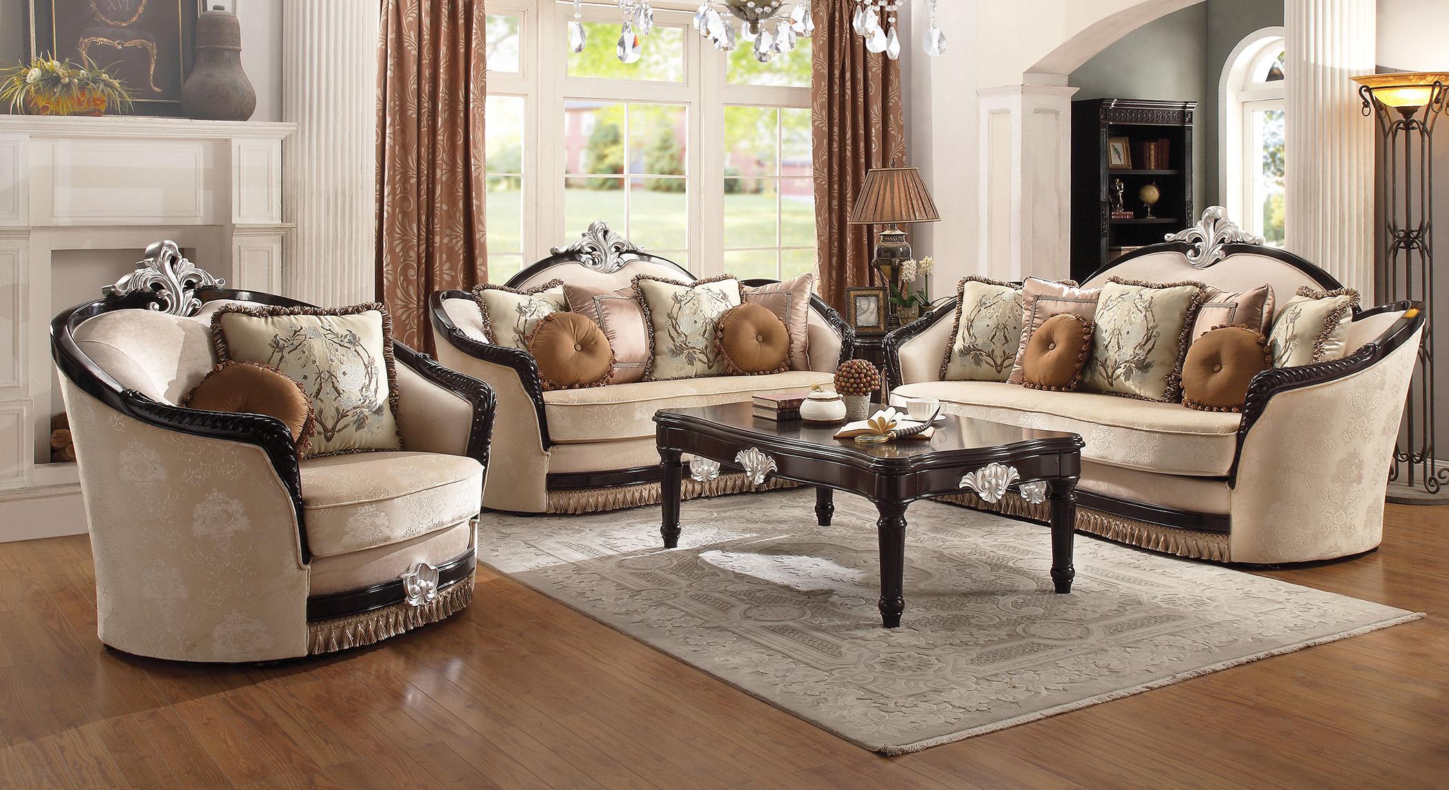 Classic, Traditional Sofa Loveseat Chair and Coffee Table Ernestine-52110 Ernestine-52110-Set-4 in Brown, Beige Fabric