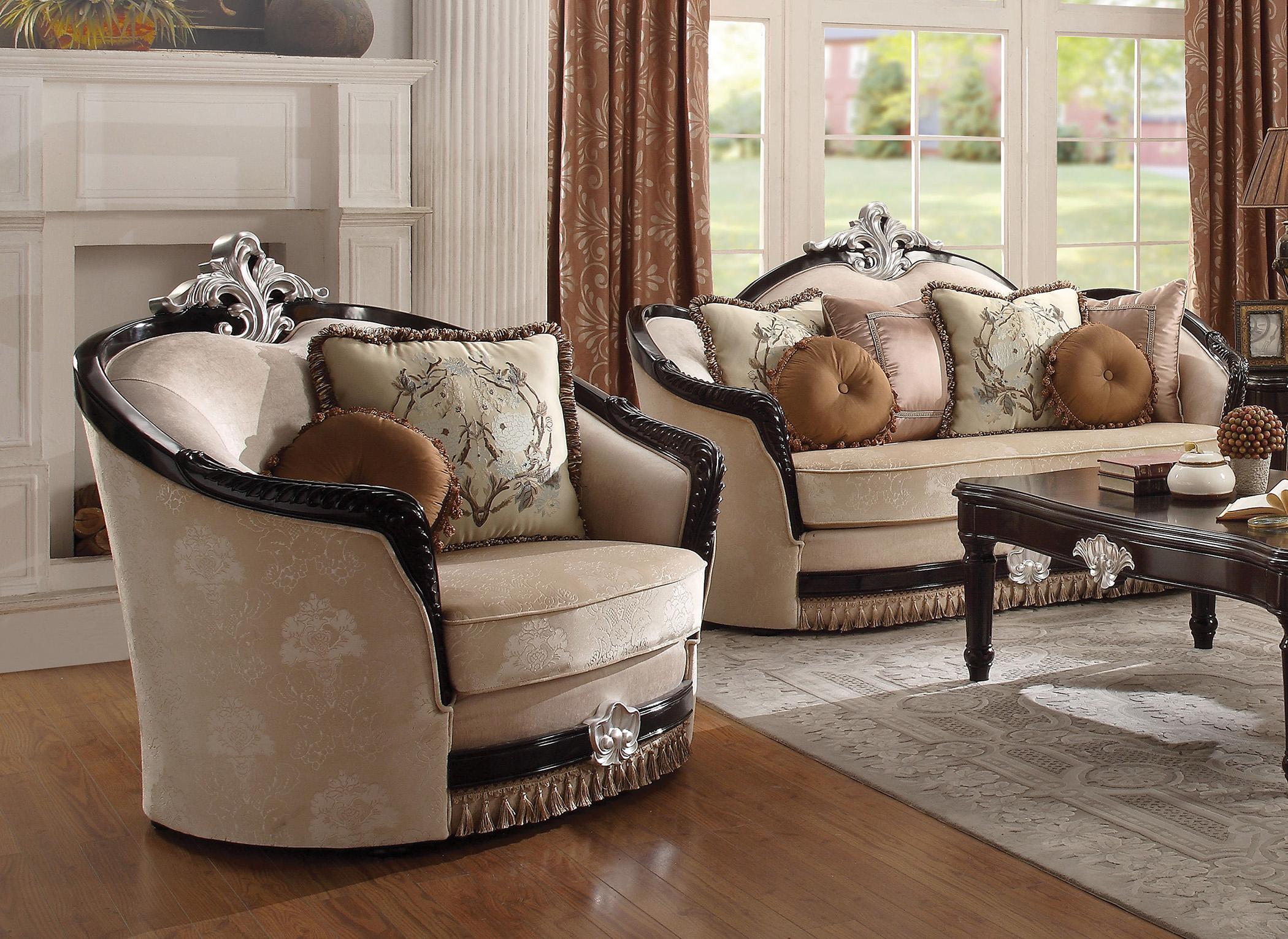 

    
Ernestine-52110-Set-4 Luxury Sofa Set 4Pcs Ernestine-52110 Tan Fabric & Black Wood Acme Traditional
