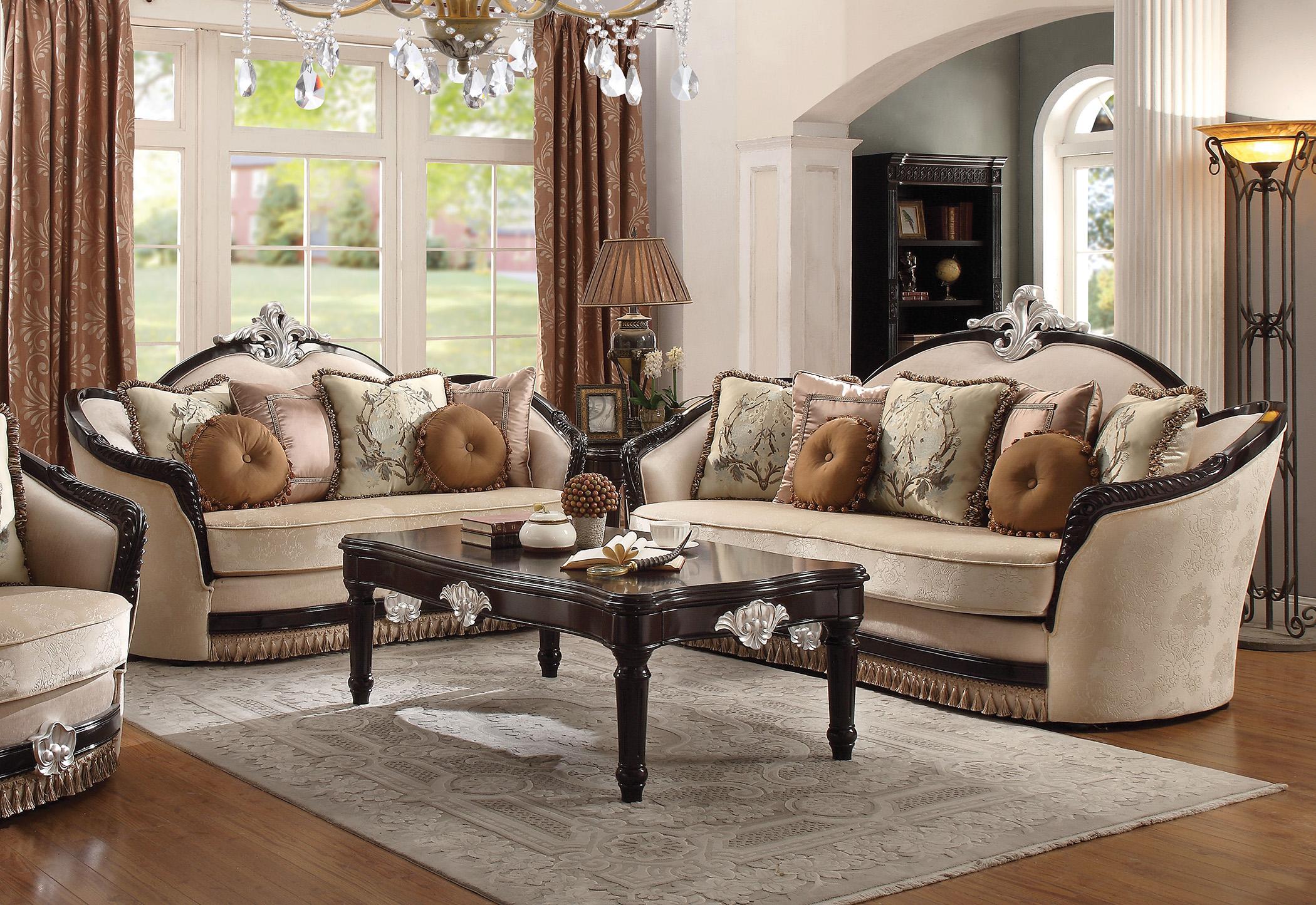 

    
 Order  Luxury Sofa Set 4Pcs Ernestine-52110 Tan Fabric & Black Wood Acme Traditional
