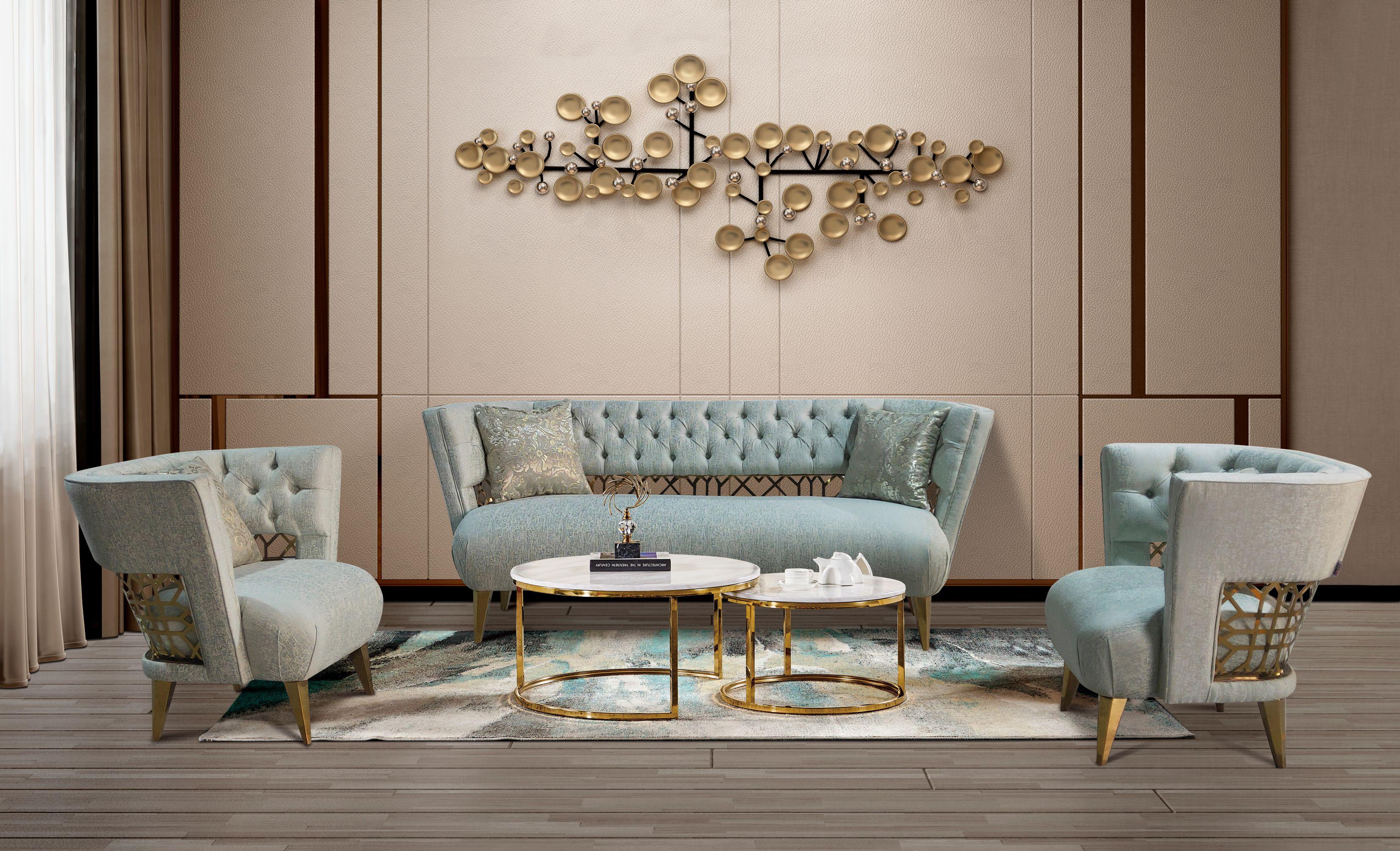Transitional Sofa and 2 Chairs Naima Naima-Set-3 in Teal, Gold Velvet