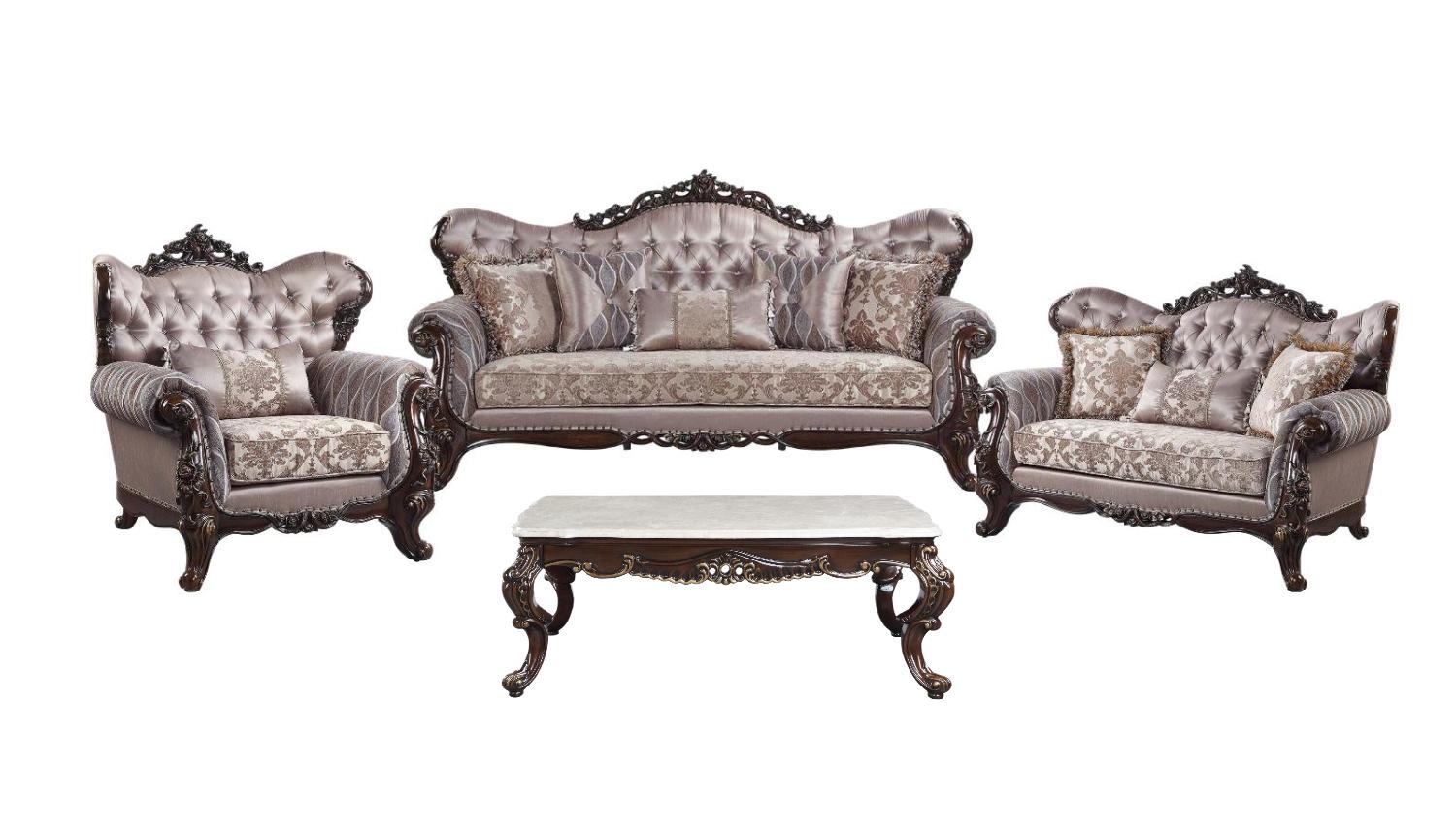 Traditional Sofa Loveseat Chair and Coffee Table Benbek LV00809-4pcs in Wash Oak Fabric
