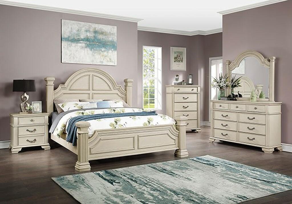 Traditional Poster Bedroom Set FOA7144WH-CK-3PC Pamphilos FOA7144WH-CK-3PC in Antique White 