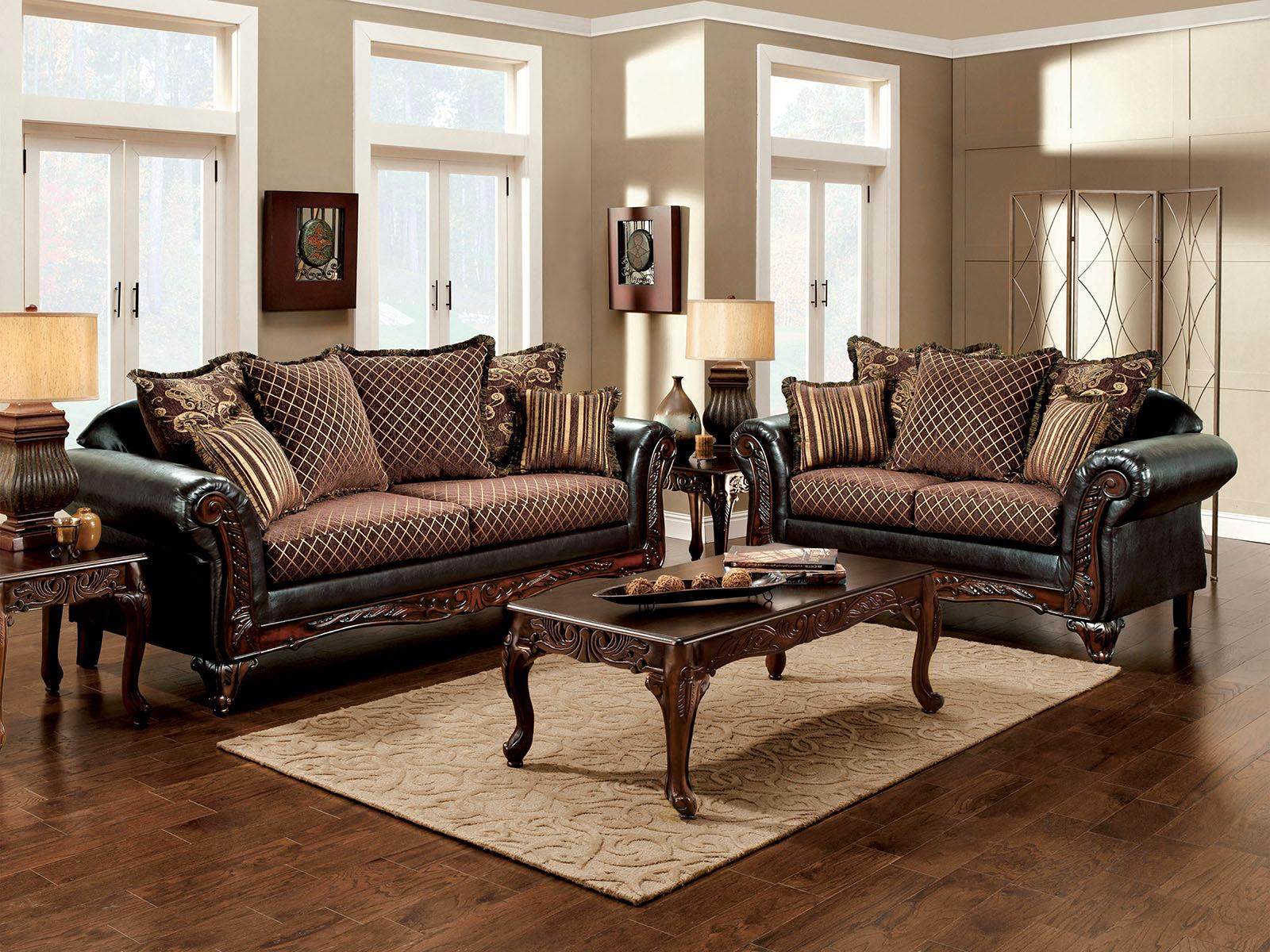 Traditional Sofa Loveseat and Coffee Table Set SM7635N-6PC San Roque & Cheshire SM7635N-6PC in Brown Leatherette