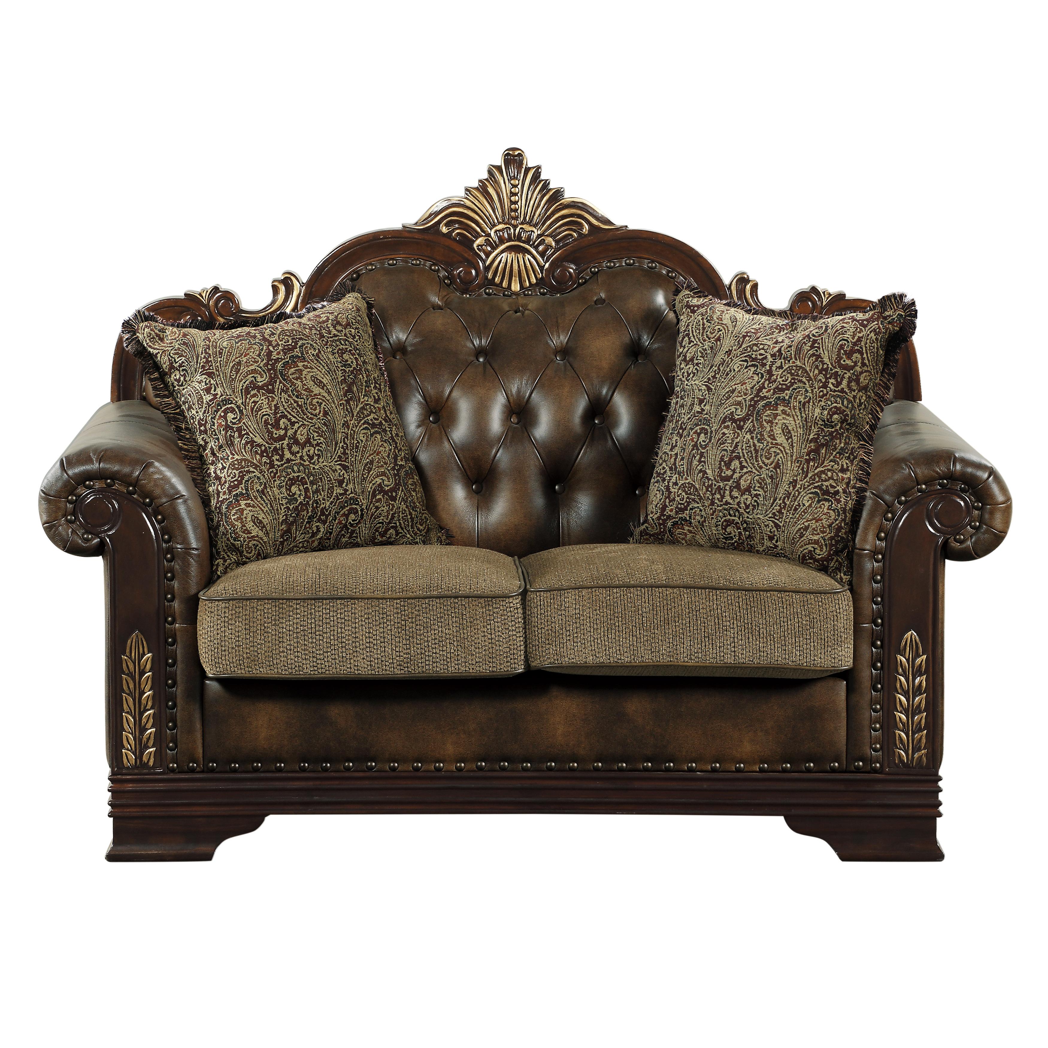 

    
Traditional Brown Faux Leather & Chenille Loveseat Homelegance 9815-2* Croydon
