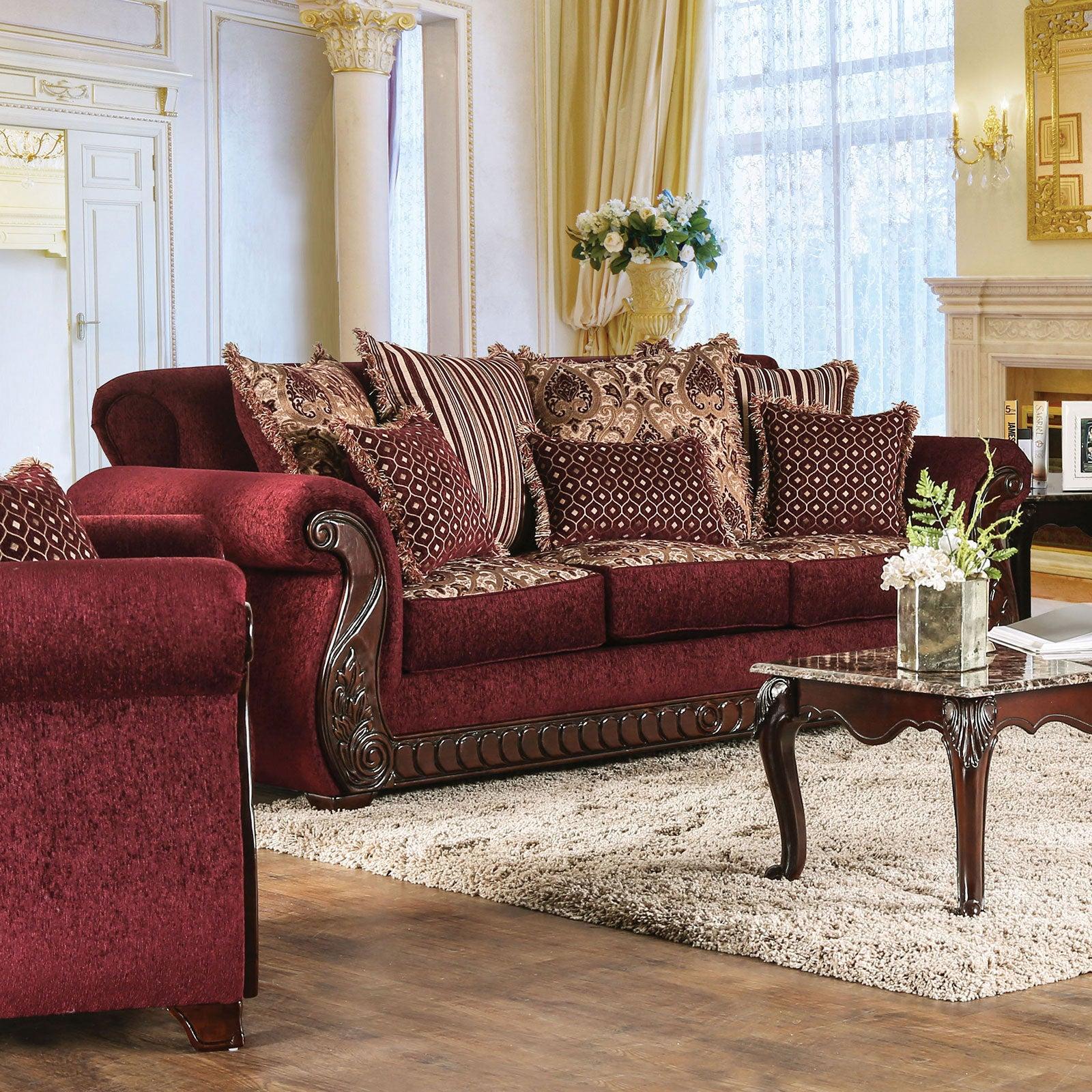 

    
Wine & Gold Fabric Sofa TABITHA SM6110-SF Furniture of America Traditional
