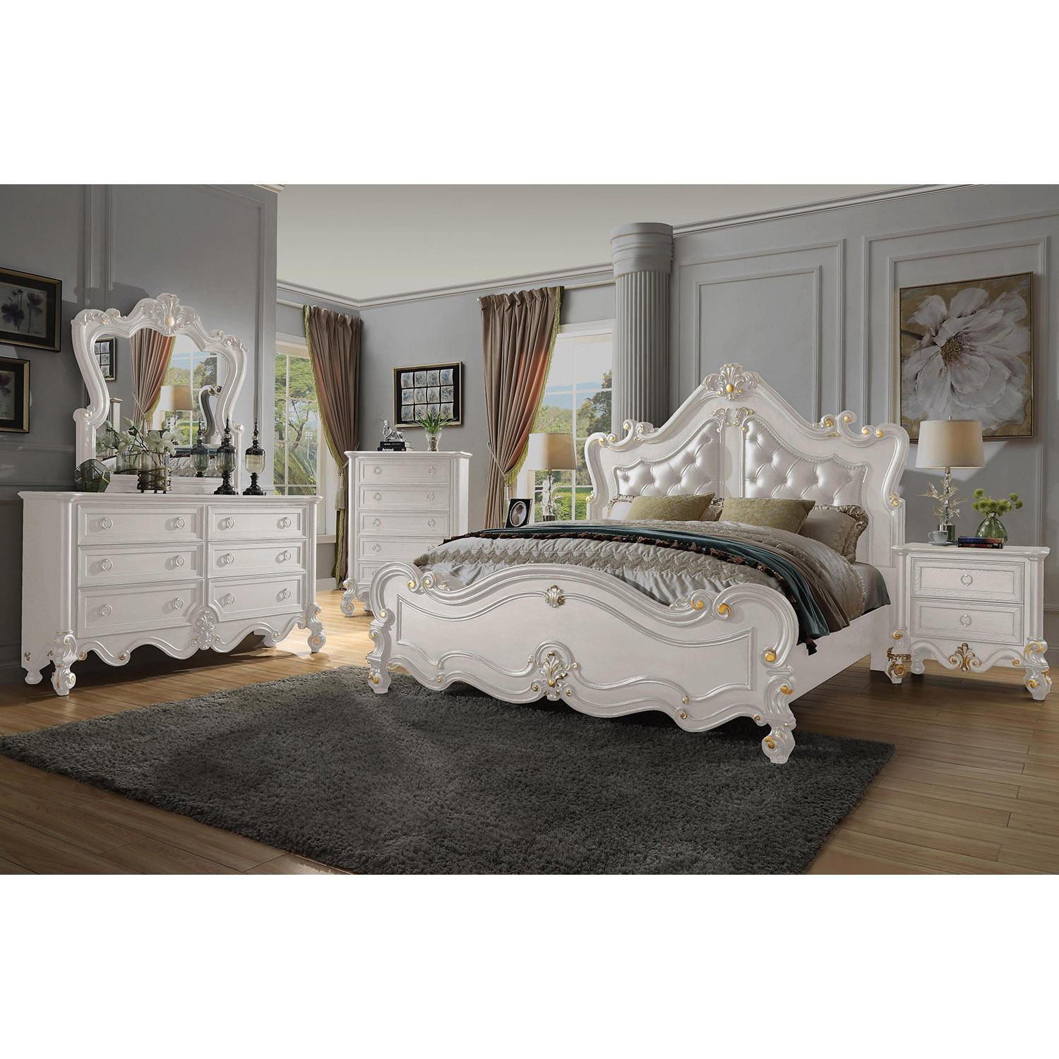 Traditional Panel Bedroom Set HD-999 IVORY HD-EK999IV-4PC-BEDROOM in Ivory Leather
