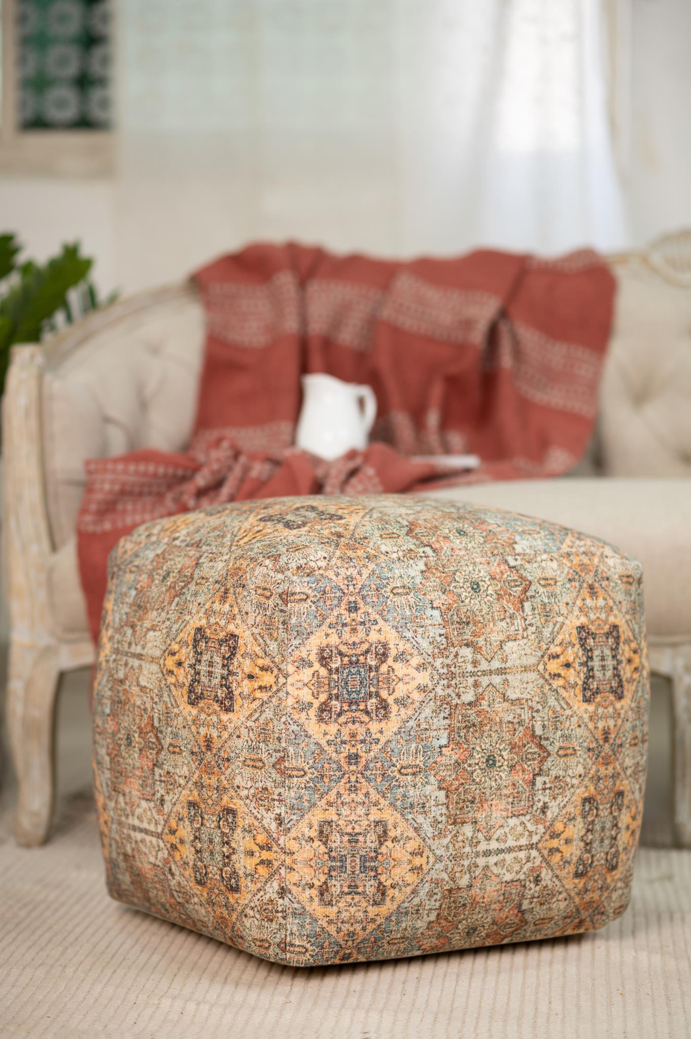 Traditional Ottoman 1616M Square Pouf 718852653243 718852653243 in Red Fabric