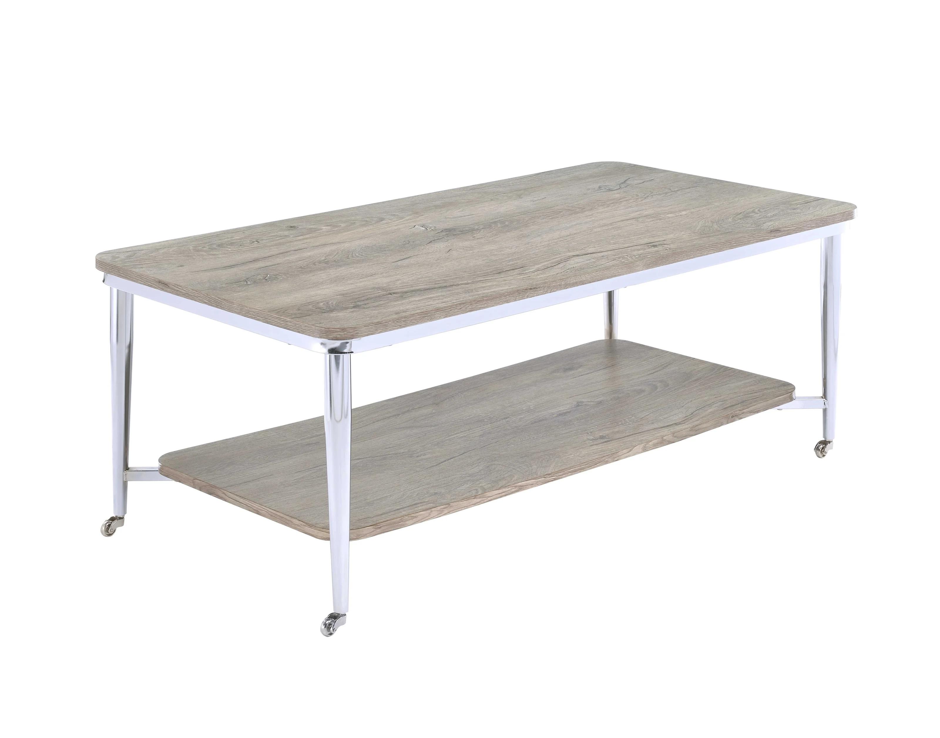 

    
Traditional Weathered Oak & Chrome Coffee Table by Acme Lukey 84630
