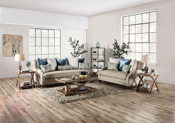 Transitional Sofa and Loveseat Set SM2287-SF-2PC Catarina SM2287-SF-2PC in Teal, Beige Chenille
