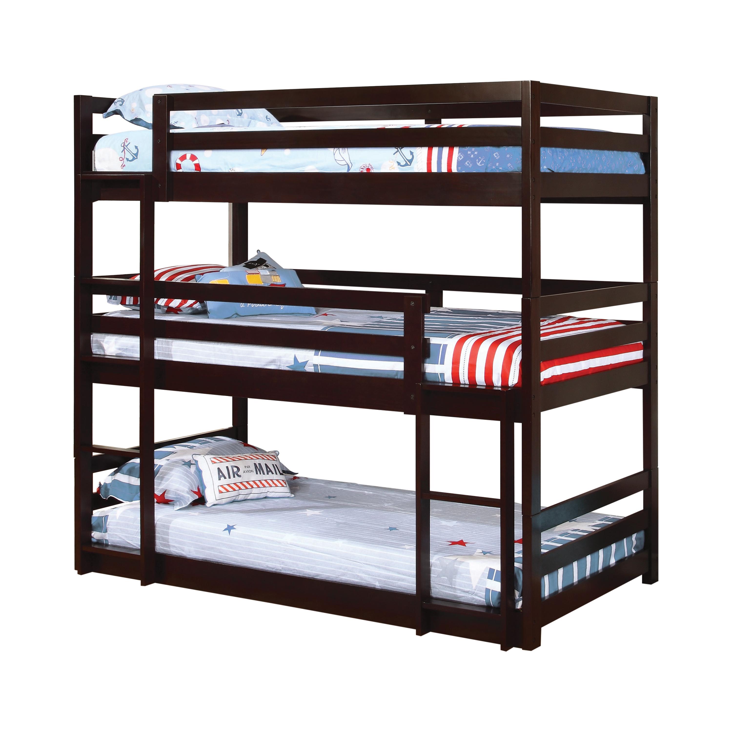 

    
Transitional Cappuccino Solid Pine T/T/T Triple Bunk Bed Coaster 400302 Sandler

