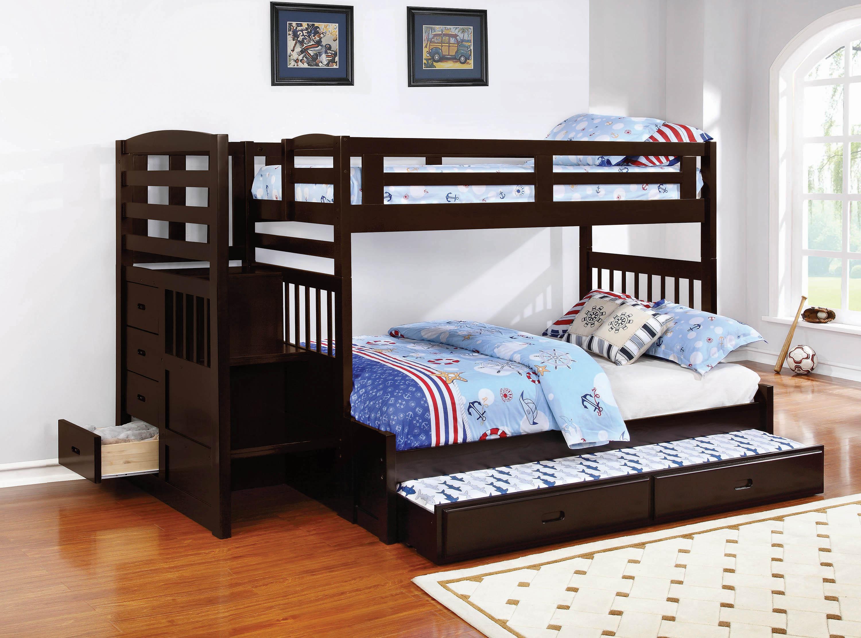 

    
Transitional Cappuccino Solid Pine Twin/Full Bunk Bed w/Trundle Coaster 460366 Dublin
