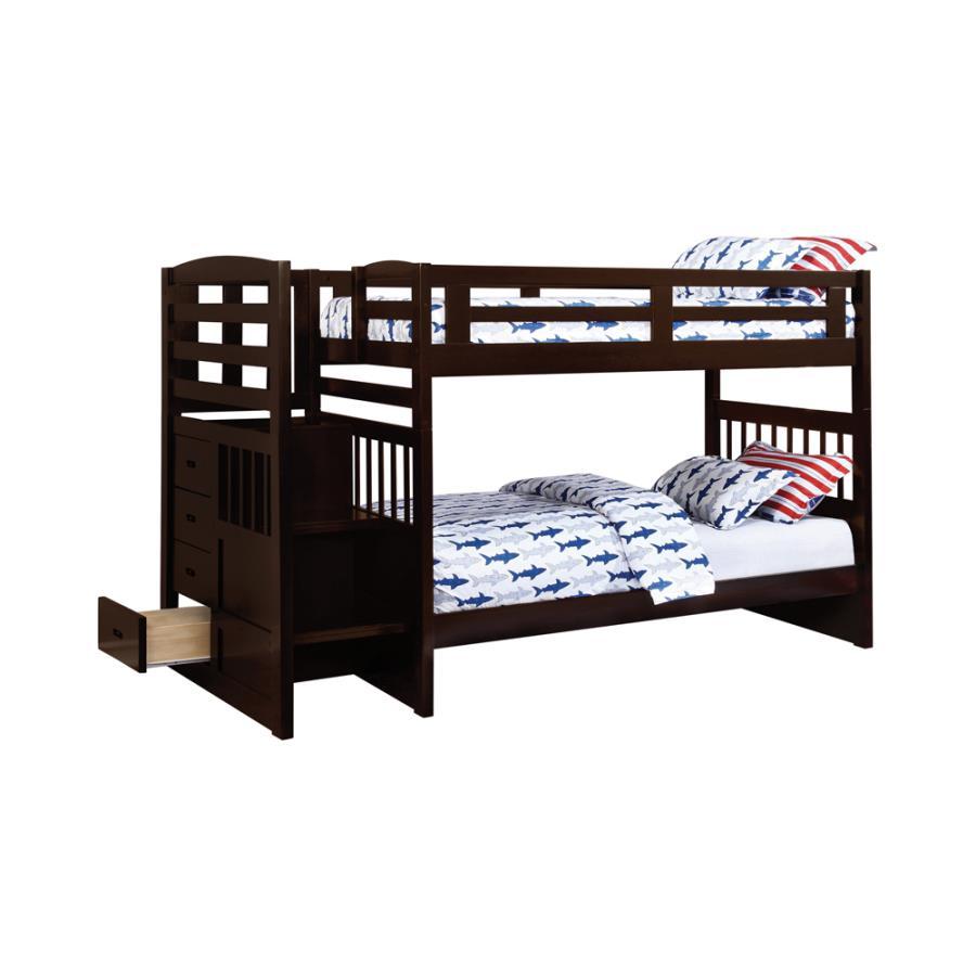 

    
Transitional Cappuccino Solid Pine Twin/Twin Bunk Bed w/Trundle Coaster 460362 Dublin
