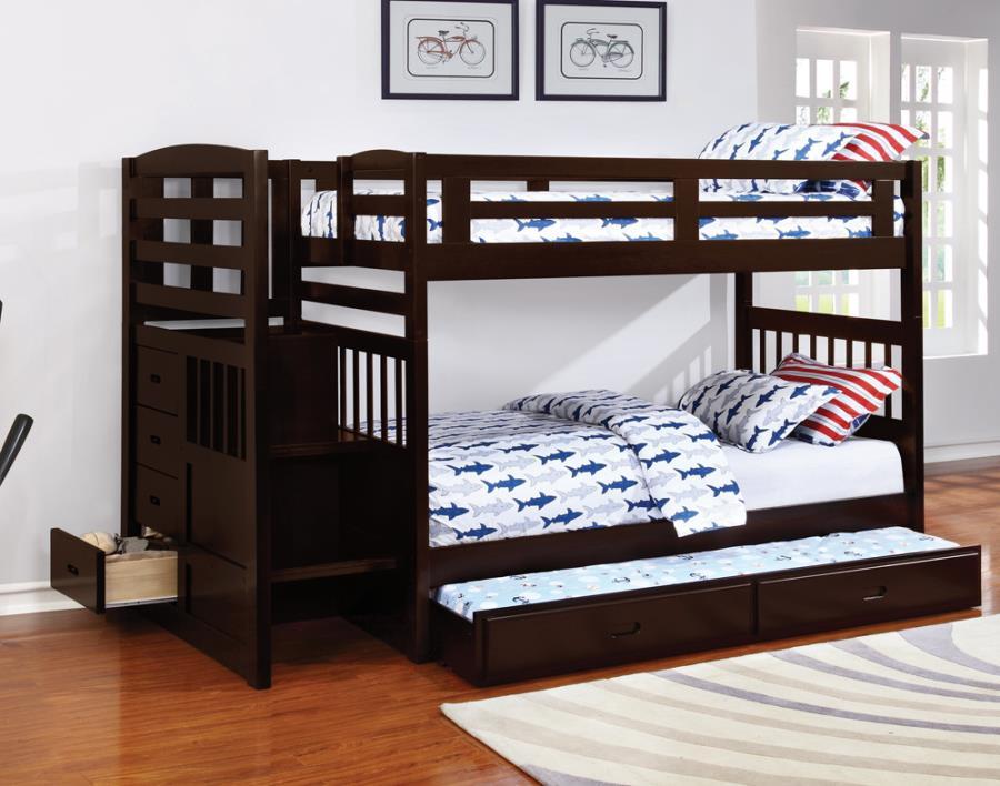 Transitional Bunk Bed w/Trundle 460362 Dublin 460362-STORAGE in Cappuccino 