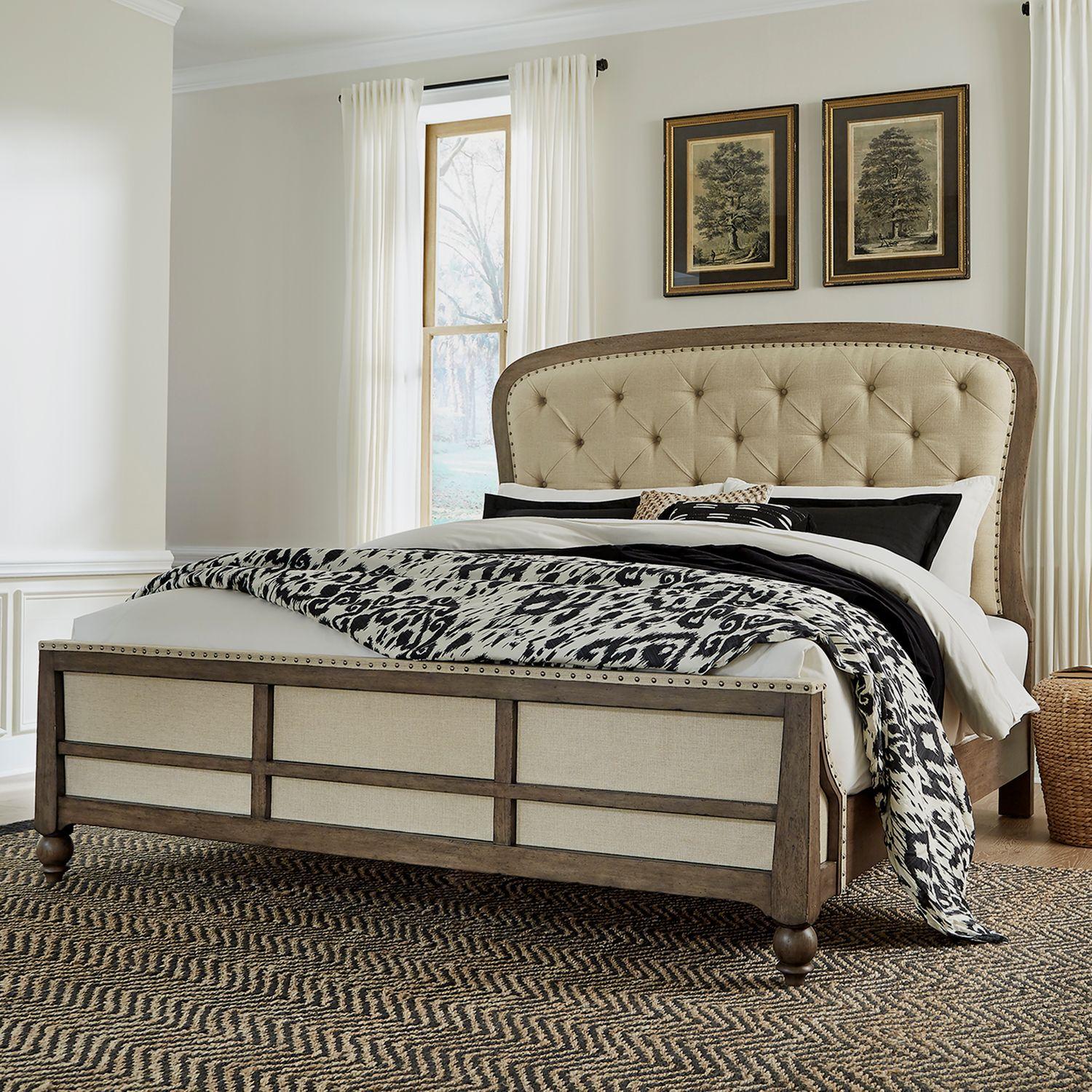 Transitional Upholstered Bed Americana Farmhouse (615-BR) 615-BR-QSH in Taupe, Black Linen
