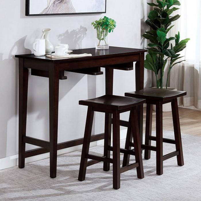 

    
Transitional Espresso Solid Wood Bar Table Set 3pcs Furniture of America CM3475EX-PT-3PK Elinor
