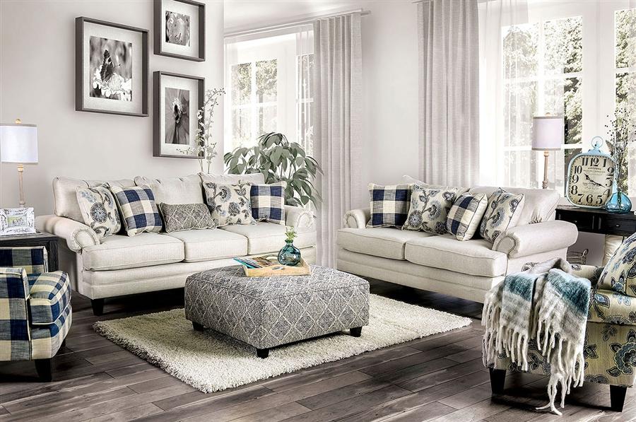 Transitional Sofa Loveseat and Chair Set SM8101-4PC Nash SM8101-4PC in Ivory Fabric