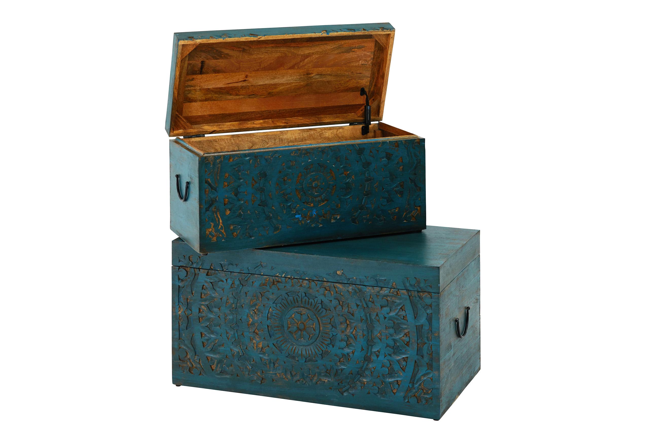 

    
Turquoise Green Mango Wood Carved Lace Trunks Set 2P CCC-2793 JAIPUR HOME Rustic
