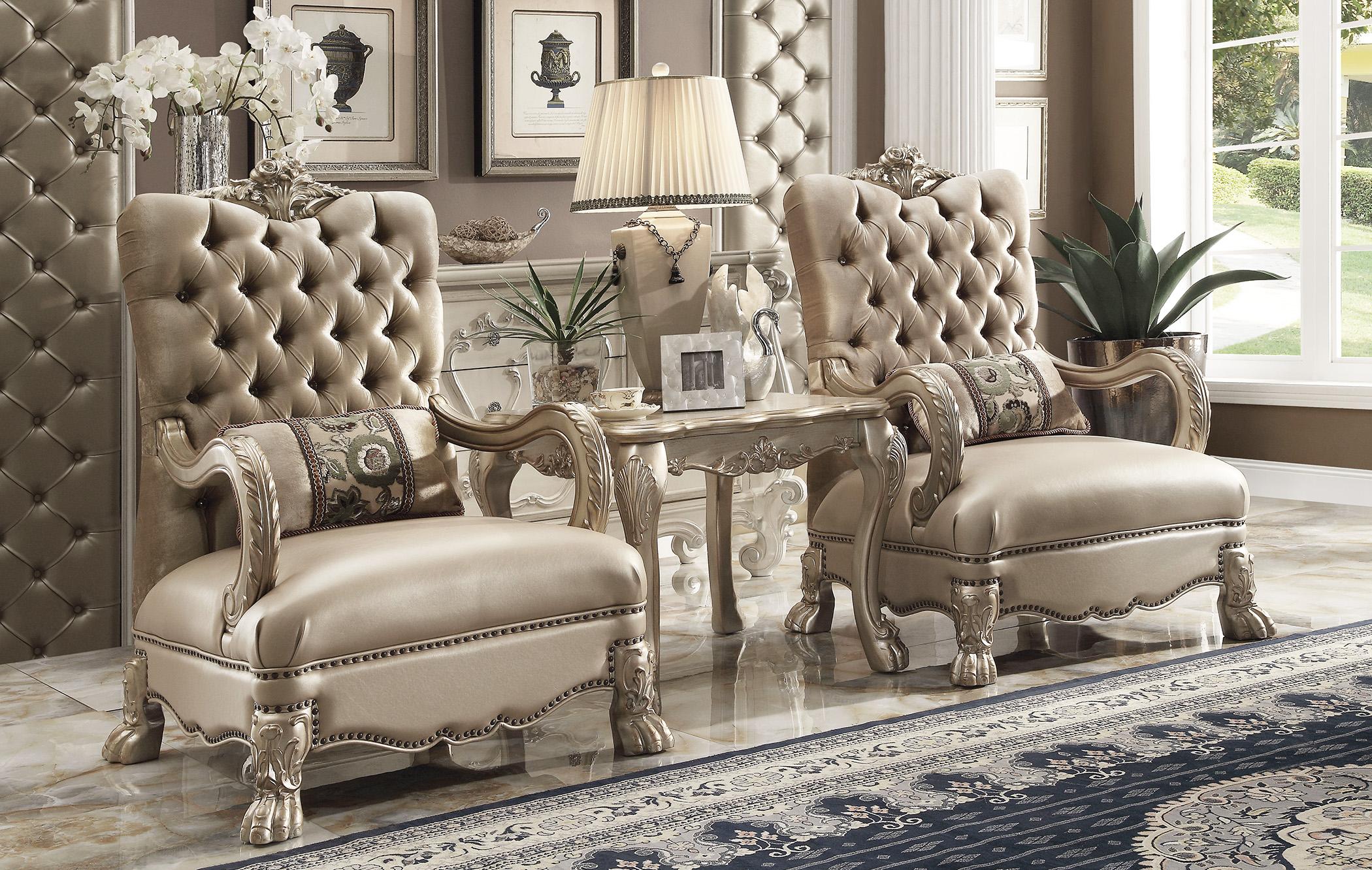 Classic, Traditional Accent Chair and End Table Set Dresden-52092 Dresden-52092-Set-3 in Bone, Patina, Gold Soft Velvet