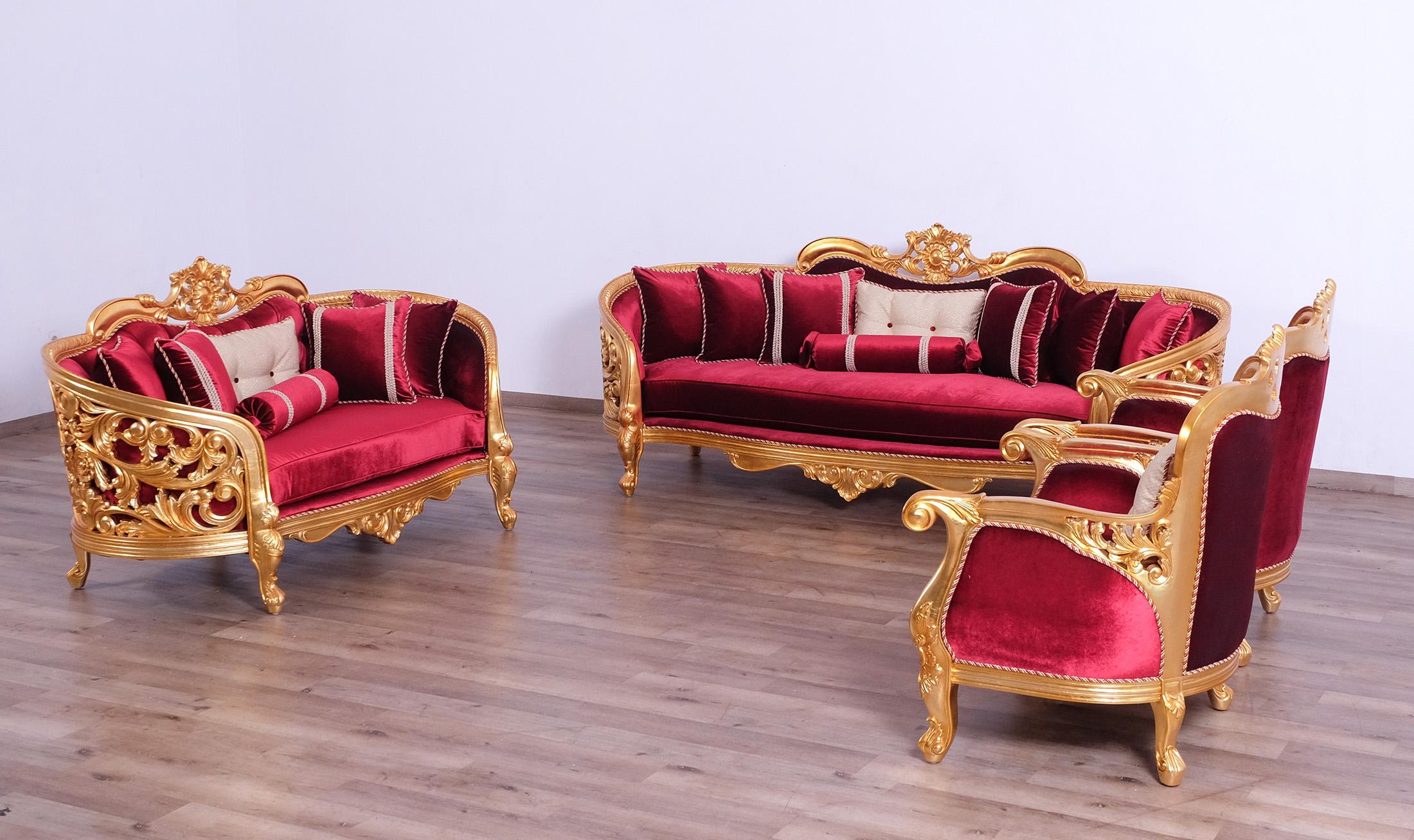 Classic, Traditional Sofa Set BELLAGIO 30015-S-Set-4 in Antique, Gold, Burgundy Velvet