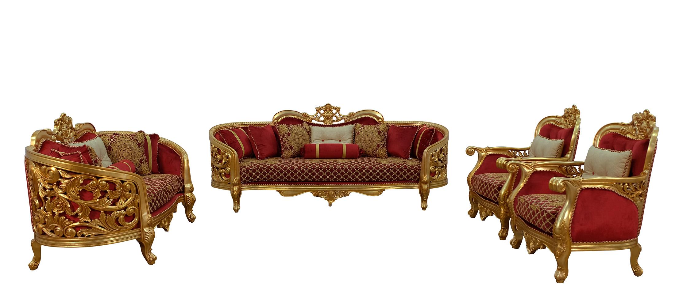 Classic, Traditional Sofa Set BELLAGIO II 30013-S-Set-4 in Antique, Red, Gold Velvet